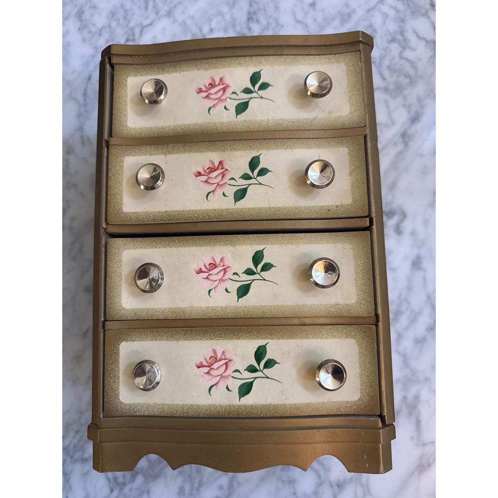 Vintage Made in Japan Floral 4 Drawer Miniature Dresser Jewelry Box Gold Rose